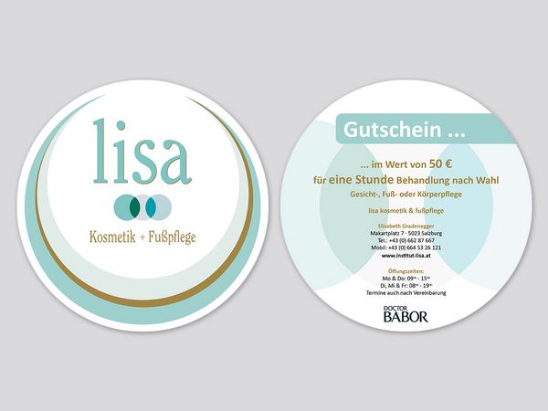 Lisa Kosmetik und Fusspflege Salzburg - Gutschein runder Flyer beidseitig bedruckt