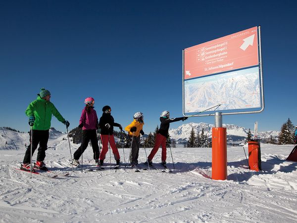 Bergbahnen Wagrain Pistenpanorama mit Wegweiser