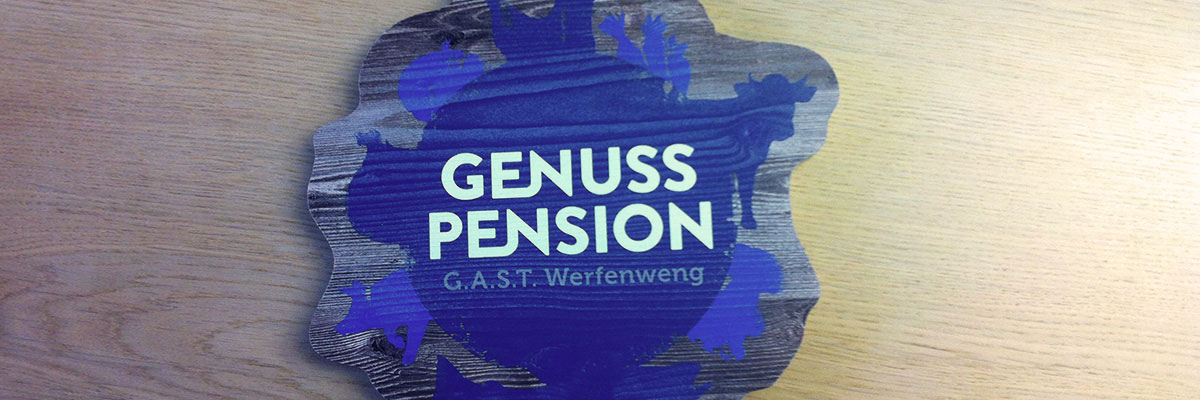 Hungry - Genuss Pension Gemeinde Werfenweng - gebuerstete 3-Schichtplatten konturgeschnitten und direkt bedruckt