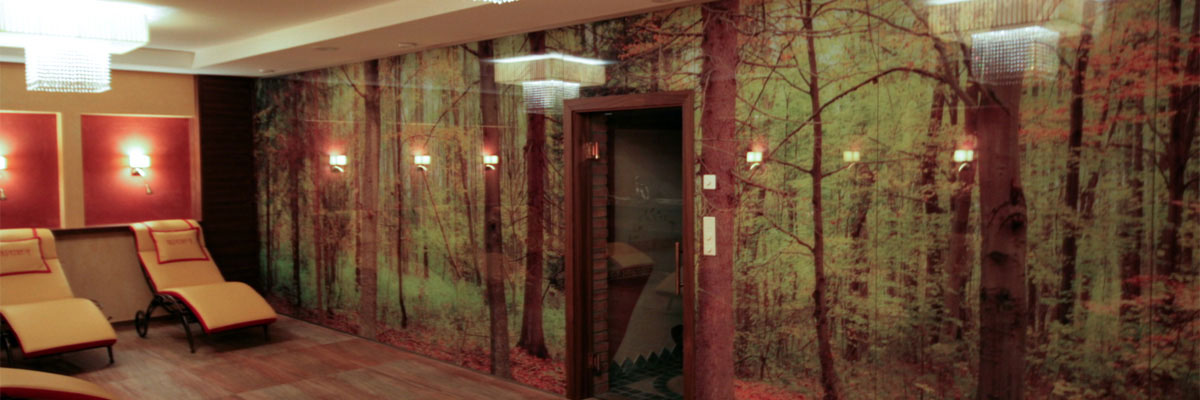 Hotel Alpenhof Zauchensee - Ruheraum Glaswand bedruckt mit Waldpanoramabild